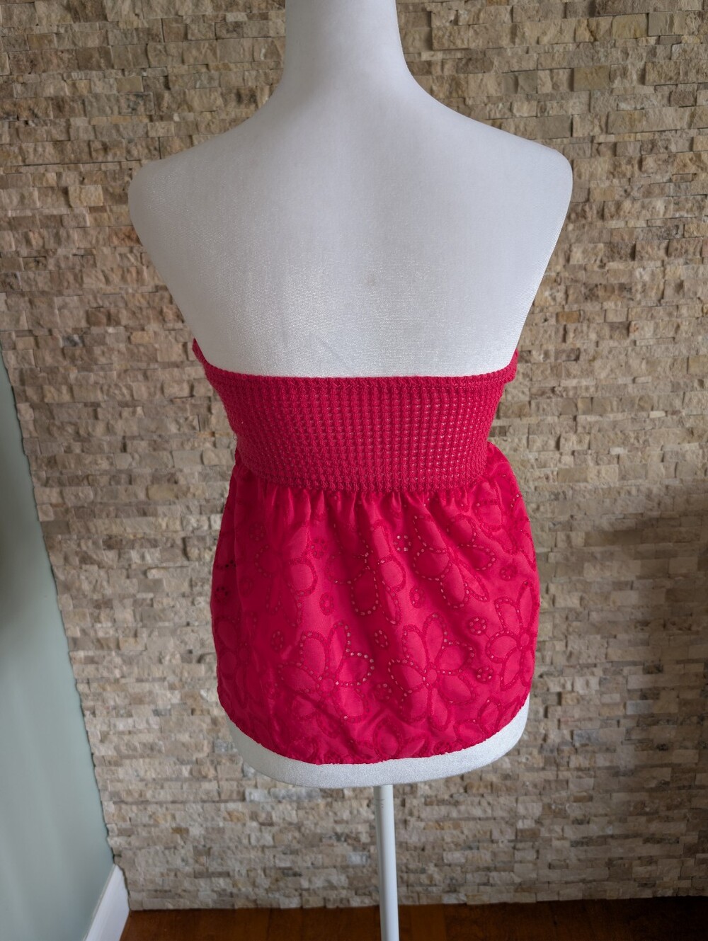 Strapless Eyelet Barbie Pink Embroidery Babydoll Peplum Knit Crop Top Shirt XS image 3